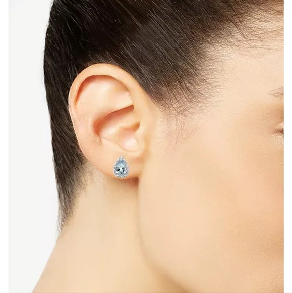 Aquamarine Gemstone and Diamond Accent Sterling Silver Stud Earrings - Picture 2 of 7